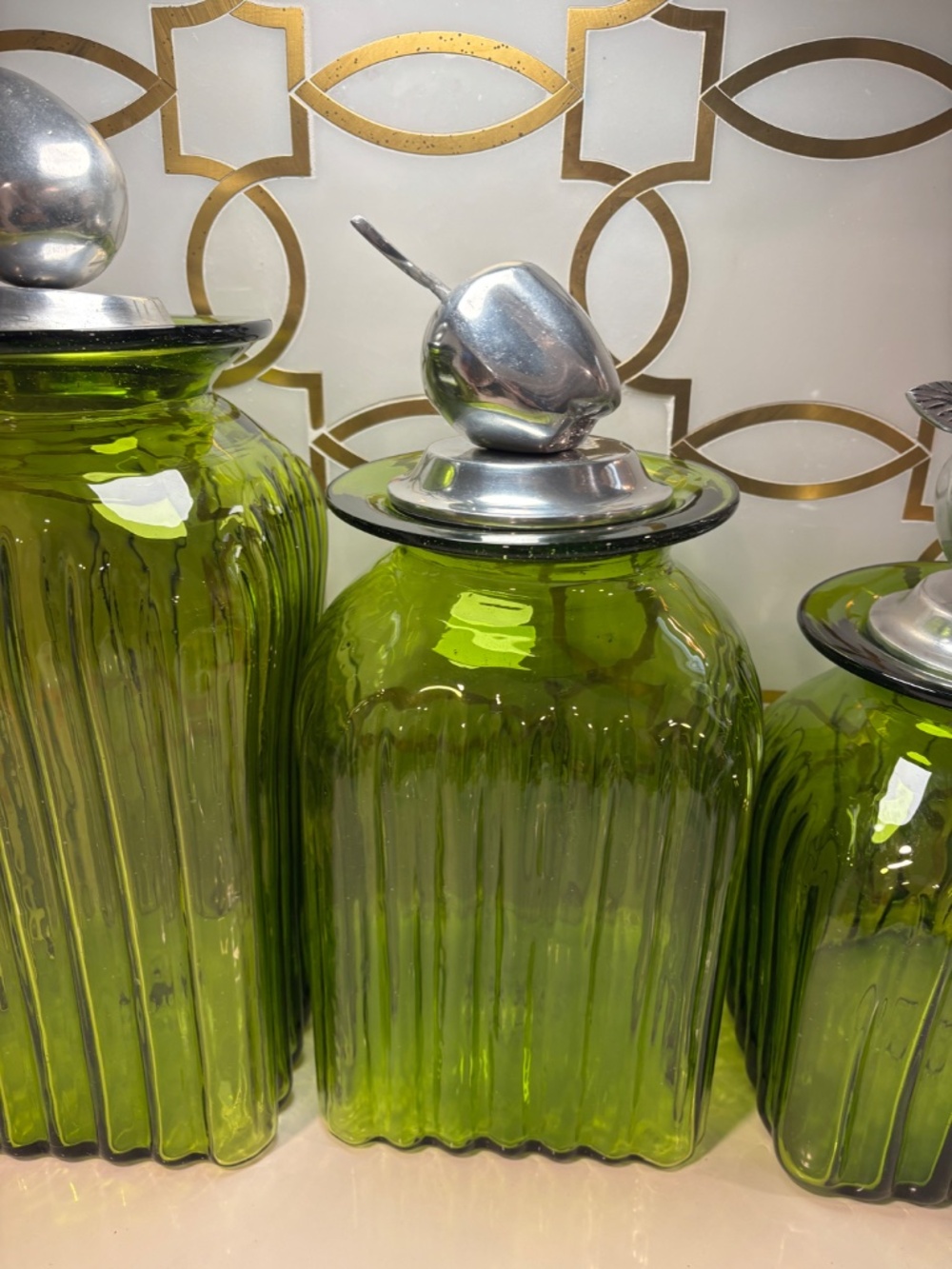 3 Vintage Hand Blown Glass Kitchen Canisters Jars Pewter Tops Fruit Apples Pear - Picture 7 of 15